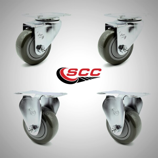 3.5 Inch SS Gray Polyurethane Swivel Top Plate Caster Set with 2 Rigid SCC